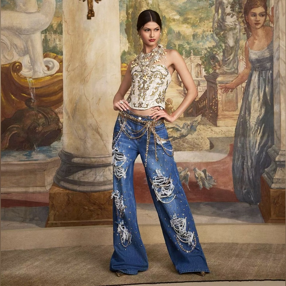 Alice + Olivia Harper Embellished Ripped Jeans - NWT